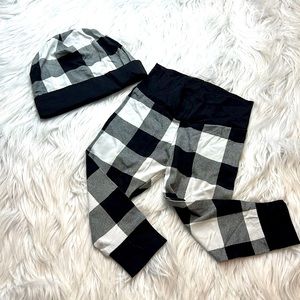 Buffalo plaid black and white pants and hat for baby boys